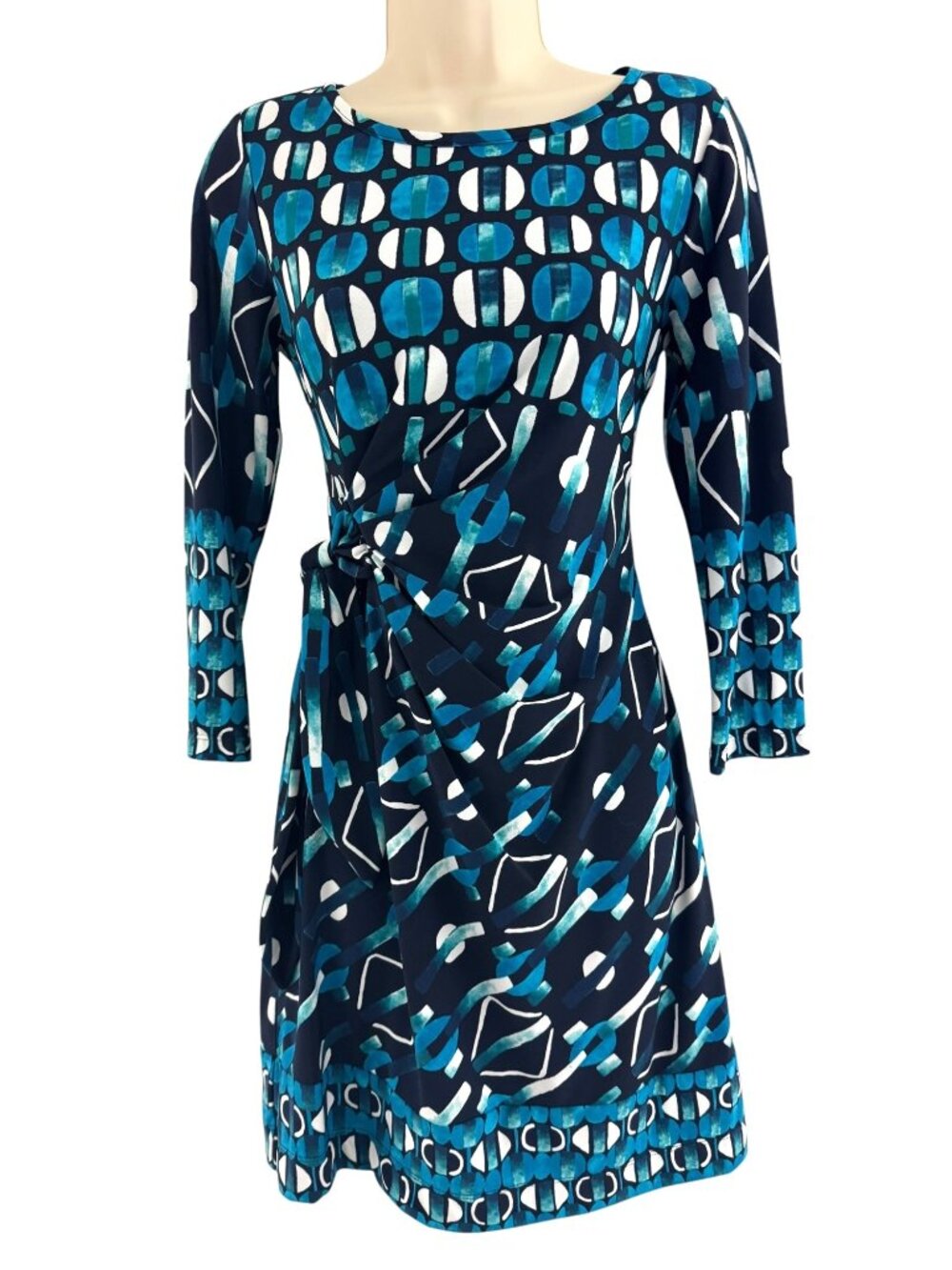 Donna Morgan Teal Geometric Print Side-Tie Wrap Dress Size 6 Office Work Spring